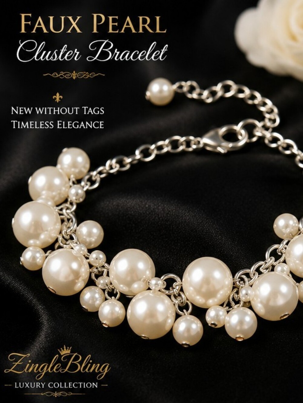Faux Pearl Cluster Statement Bracelet Silver Tone Adjustable NOT